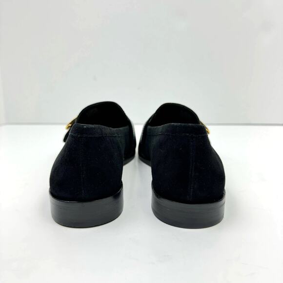 NEW Vince Camuto Cenkanda Black Leather & Suede Gold Buckle Slip On Loafer Flat - Picture 6 of 12